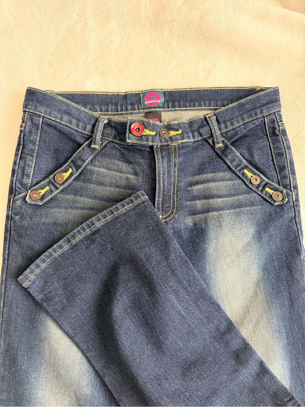 Fiorucci Dark Blue Boot Cut Jeans with Yellow Stitching